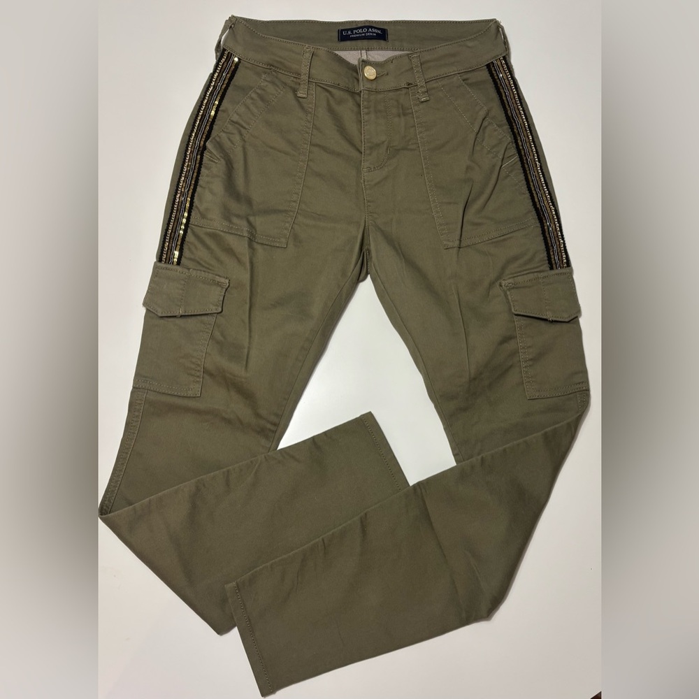 US Polo Green Cargo Pants with Black, Golden and Silver Stripes. Size 4. - Picture 1 of 8